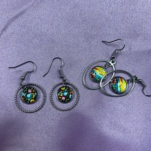 Colorful Glass Cabochon Hoop Earrings - Vibrant Floral &  sunset design